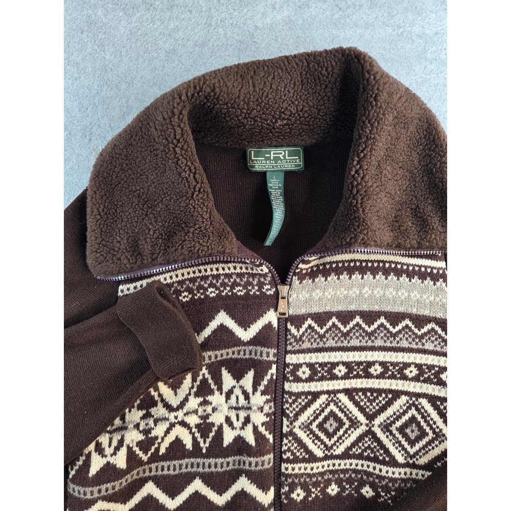Lauren Active Ralph Lauren Full Zip Cardigan Women L Brown Fair Isle Wool Blend